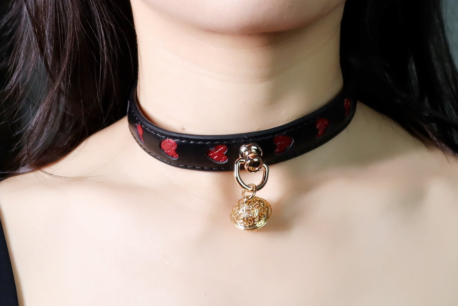 『阿喵臻品 • 玩味の心』真皮制作爱心金色小铃铛项圈 (含牵引绳)