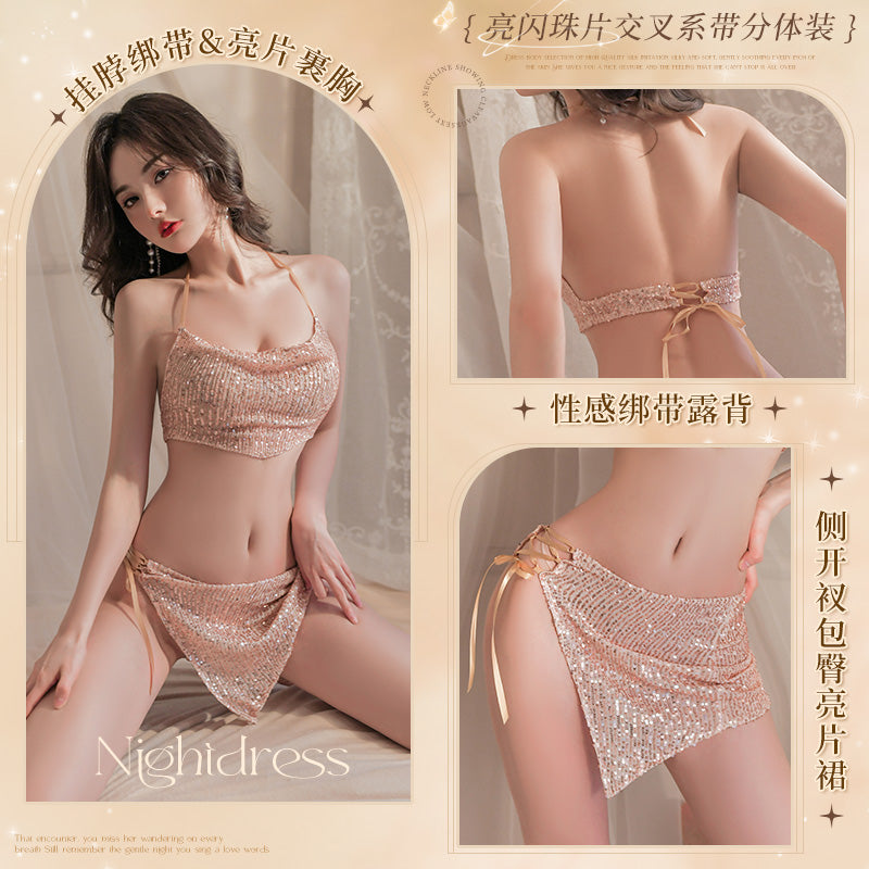 【迷情套装】女神的新衣 ✨闪亮珠片系带夜店套装