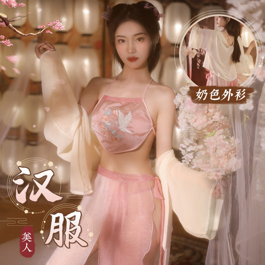 【古风美人-语嫣】永遇乐 仙鹤肚兜飘逸奶色外罩衫渐变亮纱分片绑裙粉嫩俏丽套装