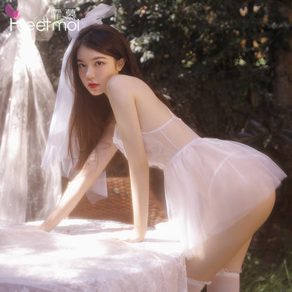 【纯爱新娘】蝴蝶结笼胸绑带露背蓬松裙摆浪漫薄纱套装